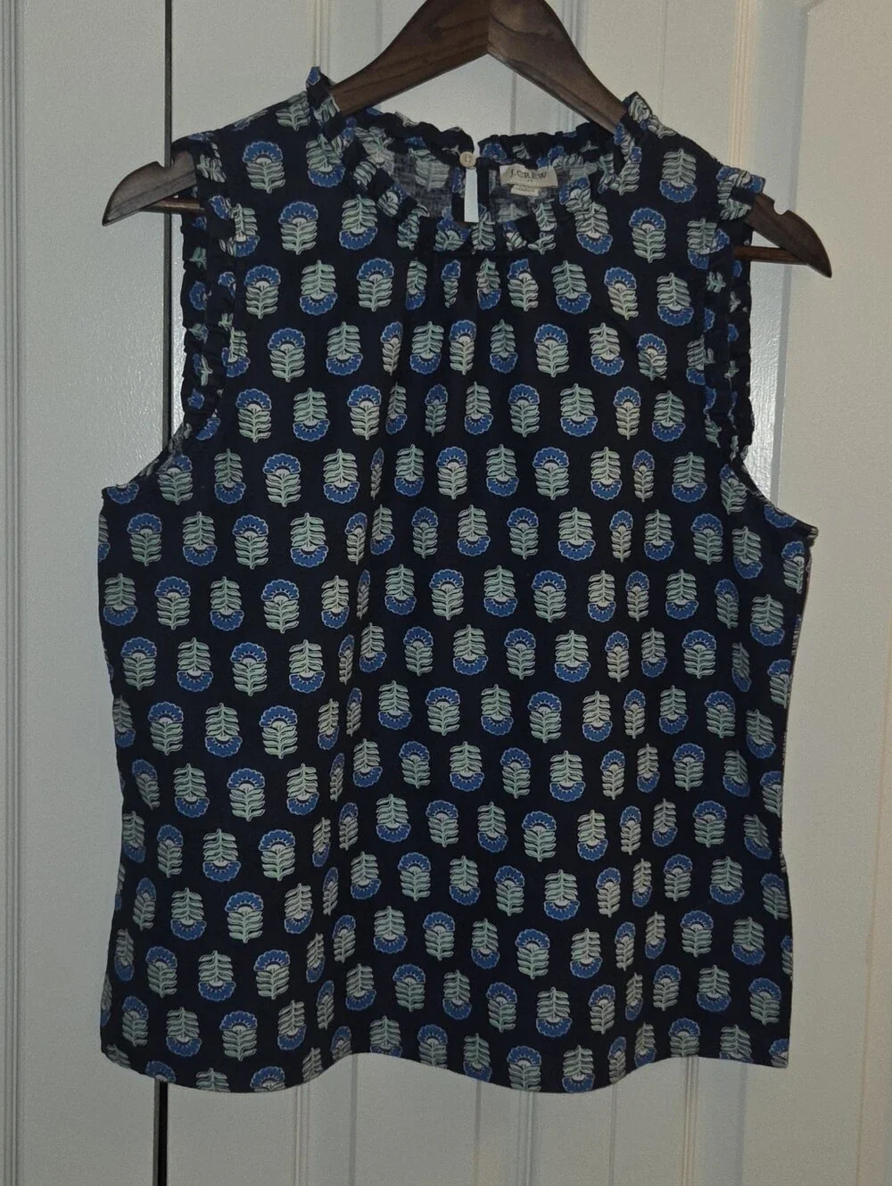 J Crew Factory Printed linen-blend ruffleneck top Womens Size M